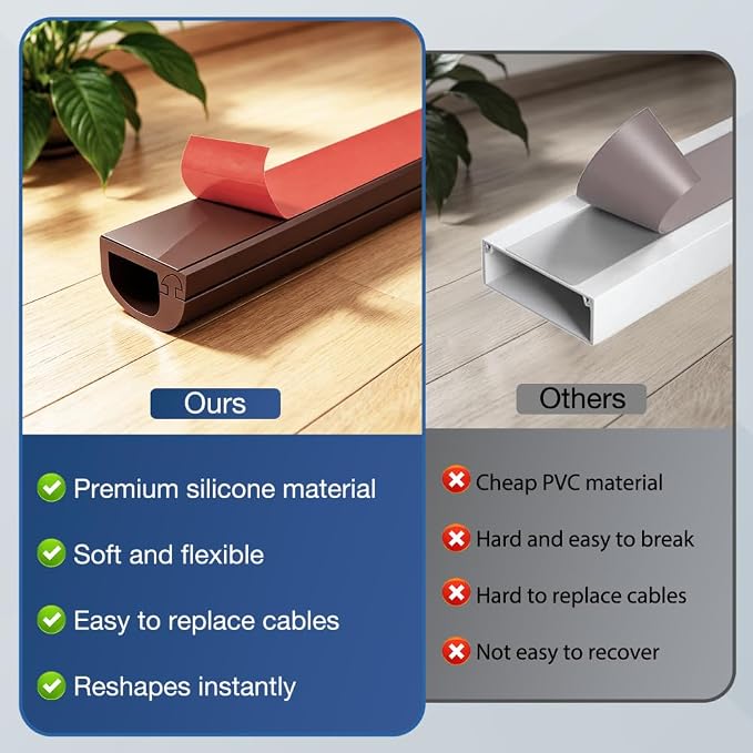 Silicone Cord Covers Wall Self-Adhesive Cord Covers for Wires on Wall Wire Hider Flexible Cable Hider with Side-Opening for Home Office TV Cable Management (0.31" W x 0.31" H x 240" L, Brown)