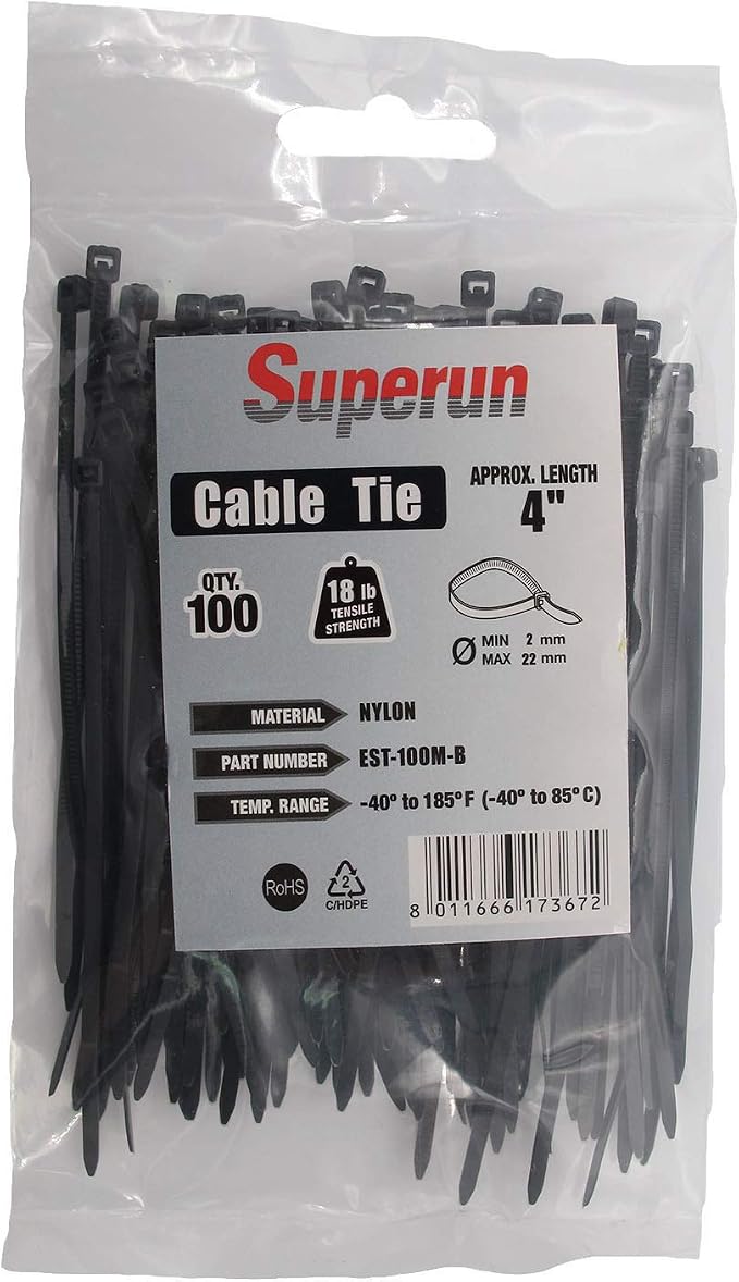 Superun Black Zip Ties 4 Inch 18 Lbs UV resistant Cable Ties 100 Pack | Self-locking,Width 0.1",Max Bundle Diameter 0.86",Industrial Grade,fireproof,Heavy duty,For indoor and outdoor