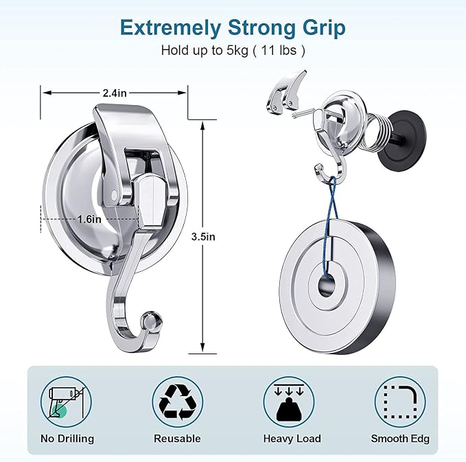Wreath Hanger, 6 Pack, Silver-Plated Polished Suction Hooks for Window Glass Kitchen Bathroom, Reusable Without Punching for Towel Loofah Robe Coat Wreath Decor, ABS Plastic