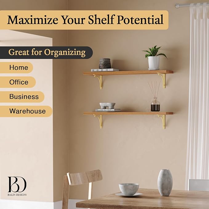 Classic Brass Heavy Duty Shelf Brackets 8 inch by Balin Designs – Gold L Bracket, Wall Mounted Support, Shelving Metal Bracket, Decorative Shelf Brackets, with Hardware Included, Set of 4