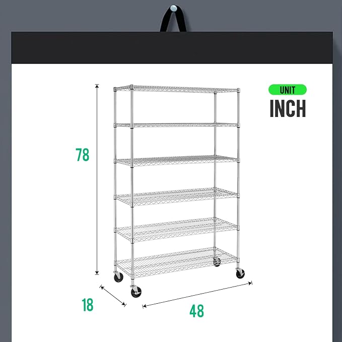 PayLessHere | 6-Tier Wire Shelf with Wheels | 48"x18"x76" | Chrome | Adjustable Racks | Heavy-Duty Storage Shelves, Holds Upto 600 lbs | Rust-Resistant, No-Tool Assembly | for Home, Garage Shelving