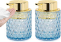 10 Oz Glass Hand Soap Dispenser with Pump, Refillable Bathroom Gold Foaming Soap Dispenser, Vintage Glass Diamond Lotion Container Bottle for Bathroom and Kitchen (2, Blue and Gold)