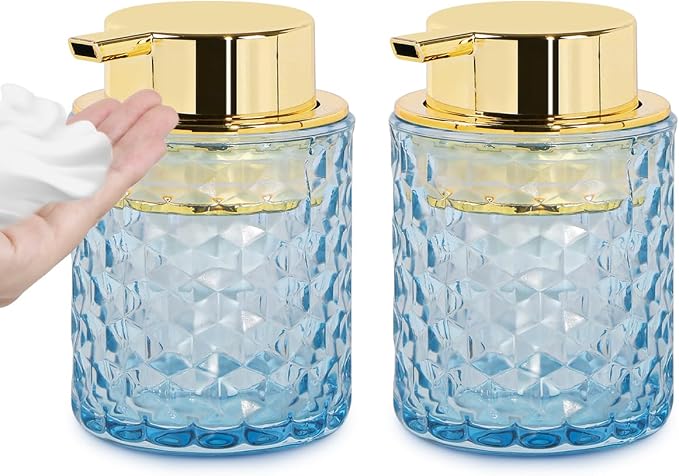 10 Oz Glass Hand Soap Dispenser with Pump, Refillable Bathroom Gold Foaming Soap Dispenser, Vintage Glass Diamond Lotion Container Bottle for Bathroom and Kitchen (2, Blue and Gold)