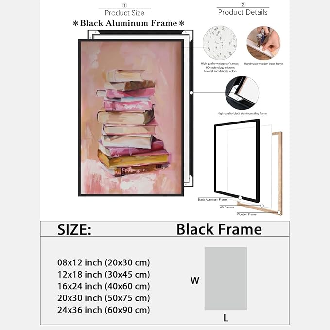 Pastel Book Stack Art Aesthetic Poster Canvas Wall Art Decoration Living Room Home Decor Bedroom Decoration Poster black framed12x18inch