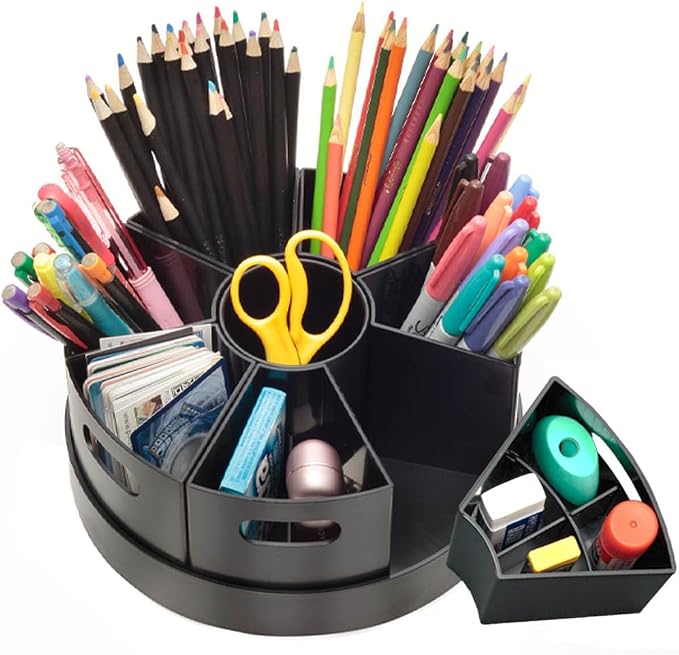 Black Rotating Desk Organizer Lazy Susan Caddies for Home School Office Supplies, Pens, Markers and Art Supplies for Classroom