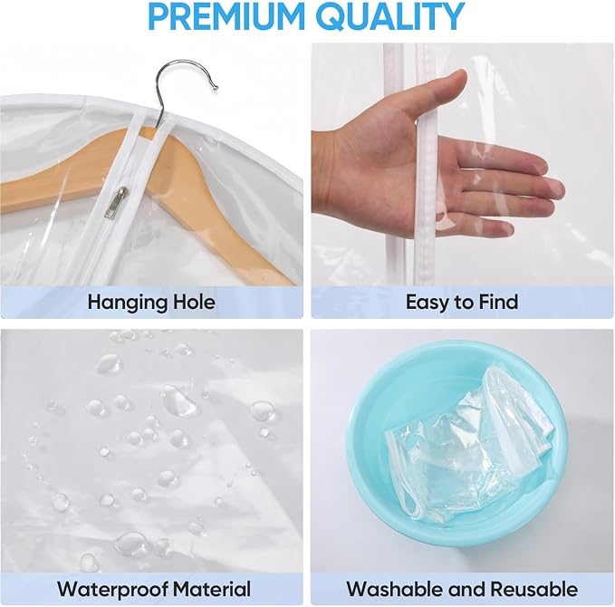All Clear Garment Bags for Travel - 48” PEVA Waterproof Suit Cover with Zipper for Hanging Clothes, long dress - Durable Dresser for Closet Storage, Dustproof & Moisture Resistant - 48”/6 Pack