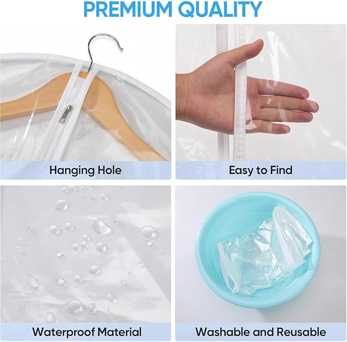 65” All Clear Dress Bags for Travel - PEVA Waterproof Fordable Cover with Zipper for Hanging Clothes, long Dress - Durable Dresser for Closet Storage, Dustproof & Moisture Resistant - 65”/2 Pack