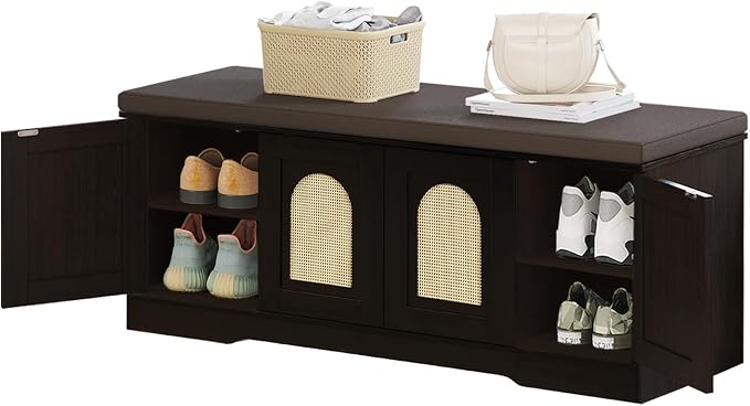 DINZI LVJ Shoe Storage Bench with Cushion, Entryway Bench with Seat & Doors | 2-Tier Cabinet Bench Fits 8 Shoes, Adjustable Shelves for Boots, Easy Assembly, Farmhouse, Bedroom, 47.2"W, Rattan, Espresso