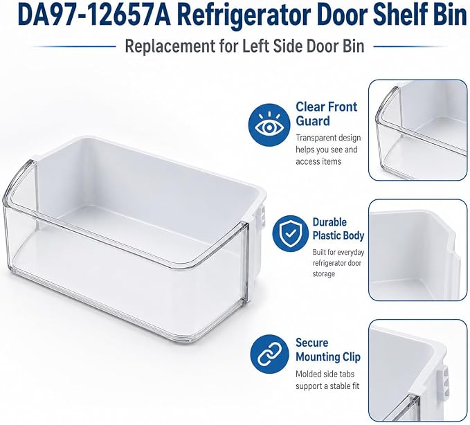 DA97-12657A Refrigerator Door Shelf Bin Compatible with Samsung | Clear Left Door Bin Fits RF260BEAESR, RF261BEAESR & RF261BEAESP, Replaces DA63-06867A AP5621270 PS4176668 EAP4176668
