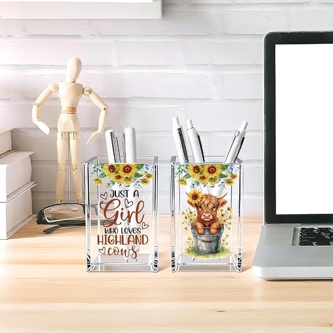 Just A Girl Who Loves Highland Cows Acrylic Cosmetic Pen Holder Cup Set 2, Cute Animal Pencil Holder Desk Organizer, Funny Desk Accessories, Highland Cow Lover Gifts for Women Coworkers Besties
