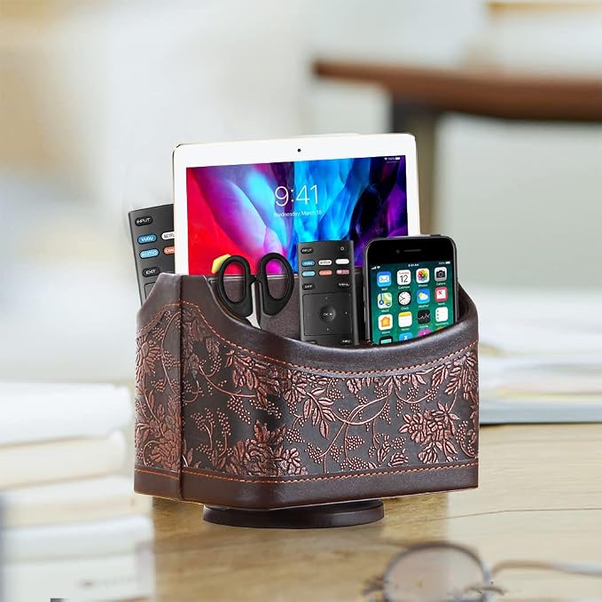 360° Rotating Remote Control Holder, PU Leather TV Remote Caddy, Pen Holder | Nightstand Organizer Storage Box with 5 Compartments for Pencil, Art Supplies, Makeup Brush, Office Desk Table Accessories