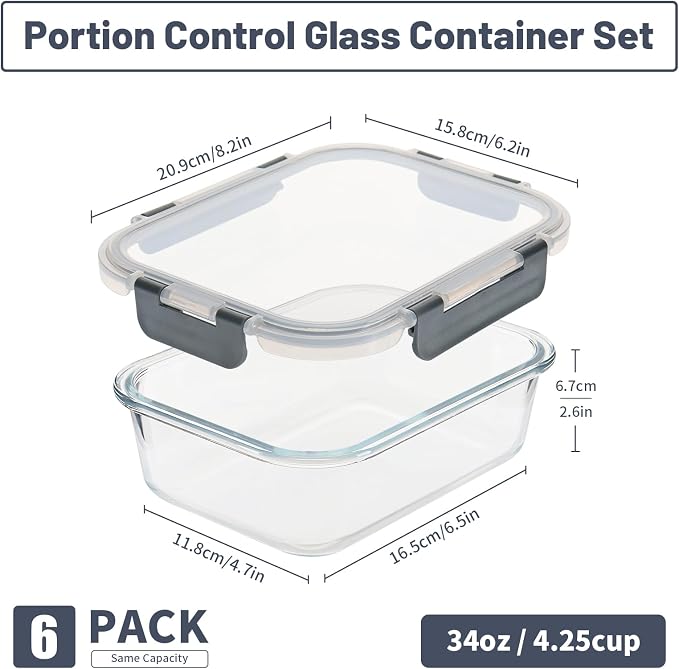 6 Pack, 34oz Glass Meal Prep Containers with Lids, Food Storage Containers | Portion Control, Glass Lunch Containers with Airtight Lids, Microwave, Freezer, Dishwasher Safe