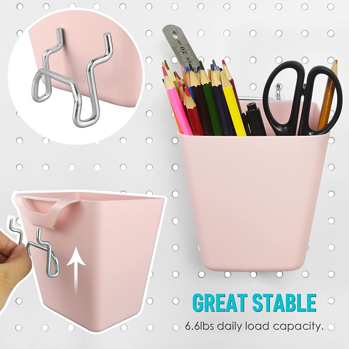G.CORE Large Pegboard Cups Peg Board Storage Bin 6 Pack with Hooks, Square Box Shape Pegboard Cup Holder Accessories for Garage Workbench/Craft Room/Office/Playroom/Home Kitchen Organization (Pink) | Big Open-Mouth Cups, 1/8" 1/4" Pegboard Organizer Ac...