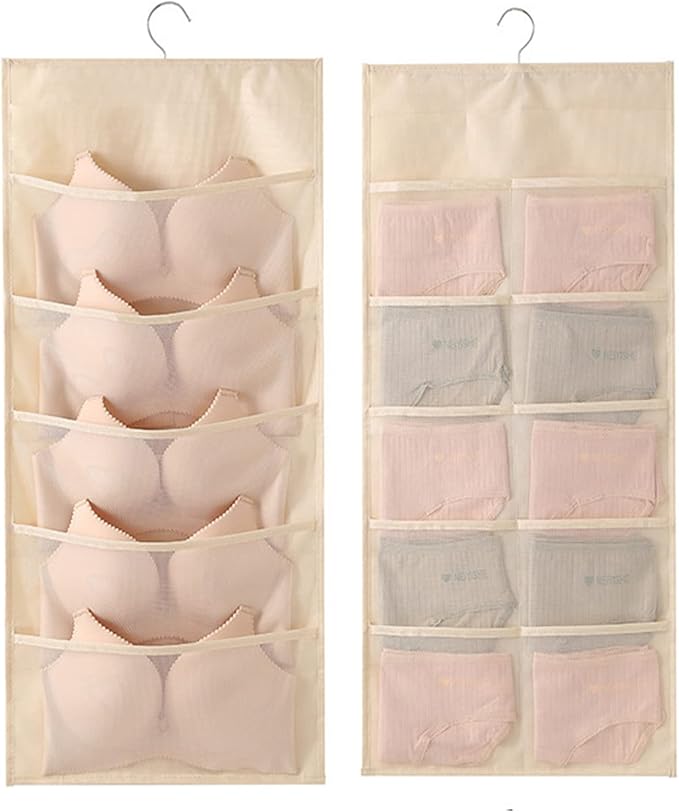 Bra and Underwear Hanging Storage Organizer Mesh Pockets Dual Sided Wall Shelves Space Saver Bag Sock Underpants Drawer Closet Clothes Rack (Beige:(5+10 Pockets))