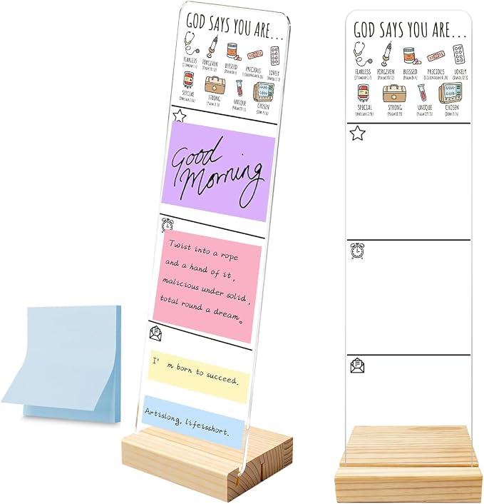 Sticky Note Holder, Monitor Memo Board, Acrylic Post It Note Holder with Wooden Base, Includes 100 Notes, Religious Nurse Desk Organizer, Christian Nurse Quote “God Says You are”