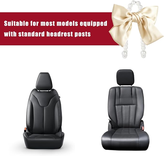 2 PCS Bow Pearl Car Seat Headrest Hook, Car Seatback Hanging Organizer Elegant Pearl Purse Hanger, Cute Bow Vehicle Interior Headrest Storage Hook for Handbag Purse Coat (Beige)