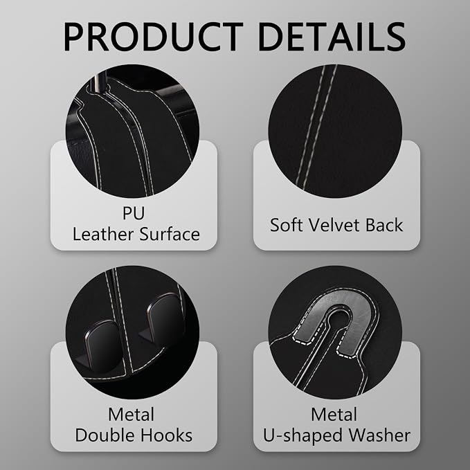 Blusabaca 2PCS Car Seat Back Storage Headrest Hooks, Black Purse Holder Bags Hanger, Double Metal Hook for Backseat Organizer, Women Car Accessories Organization