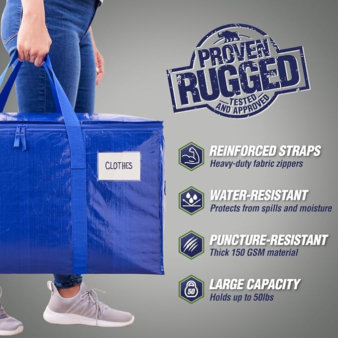 RUGGED RHINO 4 Pack Heavy Duty Extra Large Moving Bags, Durable Bag Strong Handles and Zipper, Moving Boxes Alternative for College Packing, Holiday Décor, Space Saving Storage with Label, Blue/Clear