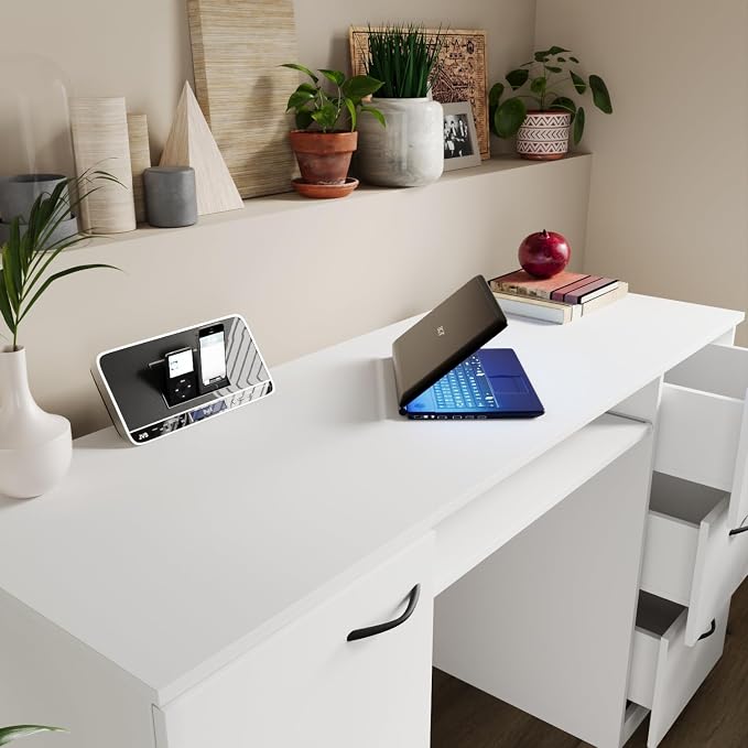 Modern Computer Desk with 3 Drawers & Storage Cabinet – Small Office Desk with Slide-Out Keyboard Tray – Professional Home Office Desk & Small Work Desk for Writing (Modern White)