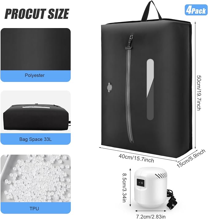 4PCS Vacuum Bags for Travel with Pump, 33L Large Reusable Compression Bags with IP68 Waterproof Zipper, Space Saving Airless Travel Bags for Luggage, Suitcase & Backpack, Black