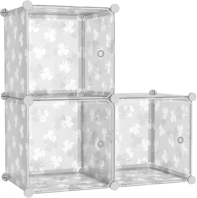 C&AHOME Cube Storage Organizer with Doors, 3-Cube Shelves, DIY Plastic Modular Bookshelf, Closet Clothes Storage Shelving Ideal for Bedroom, Living Room, Clover Embossed, White