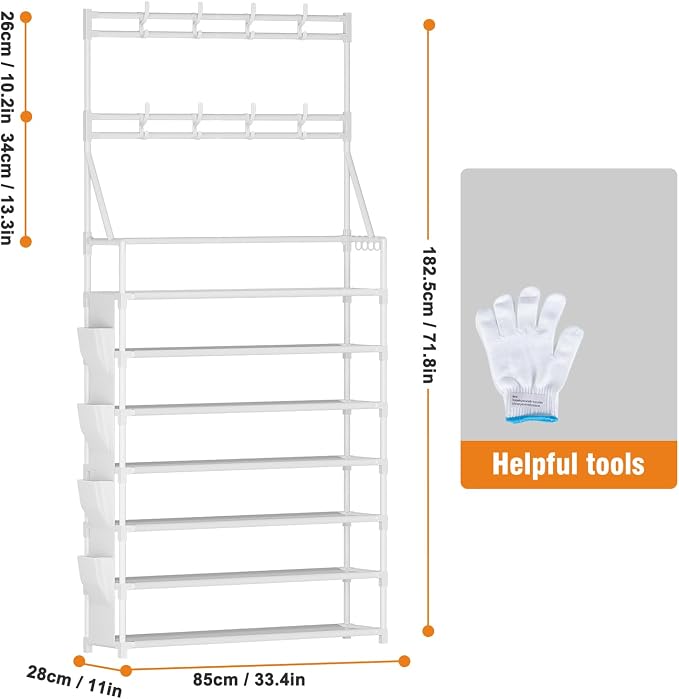 OYREL Shoe Rack 7 Tier Sturdy Shoe Racks Organizer for Closet | 28-35 Pairs Large Capacity Shoe Storage Rack with Multifunctional 5 Hooks and Side Pocket for Entrance Entryway