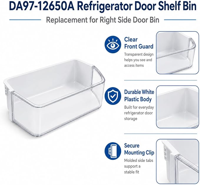 DA97-12650A Refrigerator Door Shelf Bin Compatible with Samsung | Clear Right Door Bin Fits RF260BEAESR, RF261BEAESR & RF261BEAESP, Replaces DA63-06963 DA63-07104A AP5620330 PS4176651
