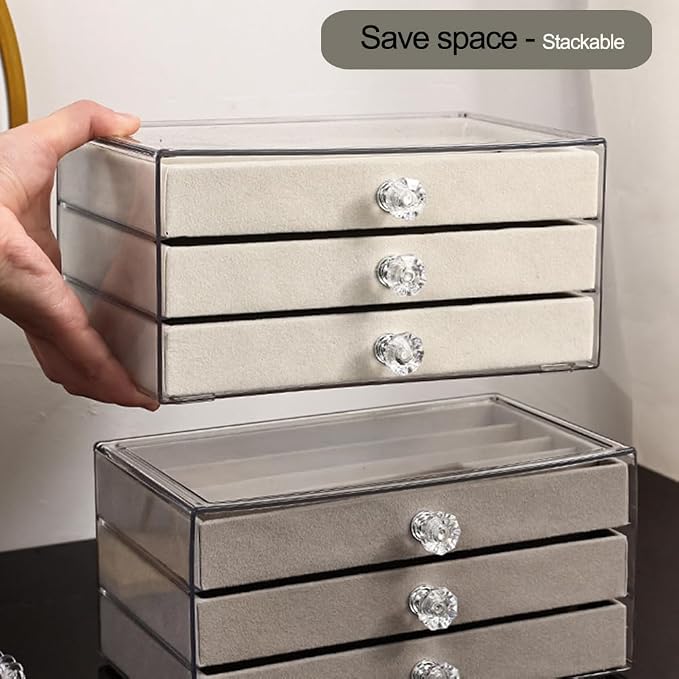 SPAKOWN Earring Box Holder Organizer Display Case, Clear Velvet Jewelry Storage Tray Organizer for Earring Ring Stud (Grey - 3 Drawers)