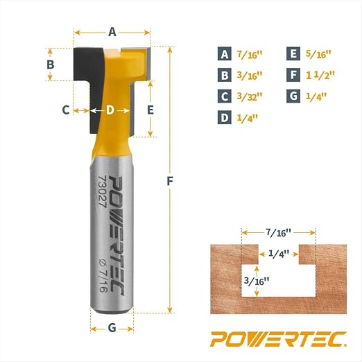 POWERTEC T Track Router Bit & 10 Sets of 1/4" Hex Bolts T-Track Knobs Kit, Tungsten Carbide Tipped T Track Router Bit, 1/4" Shank, 7/16" Dia. for Picture Frames, T Track Accessories (73032)