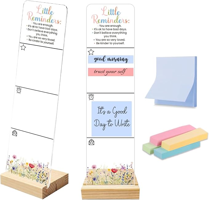 Sticky Notes Monitor Memo Board with Removable Wooden Base Be Kinder to Yourself Portable Acrylic Sticky Note Holder Message Board Sign Bonus 200 Sheets fo 2 Sizes Sticky Notes Office Desk Accessories