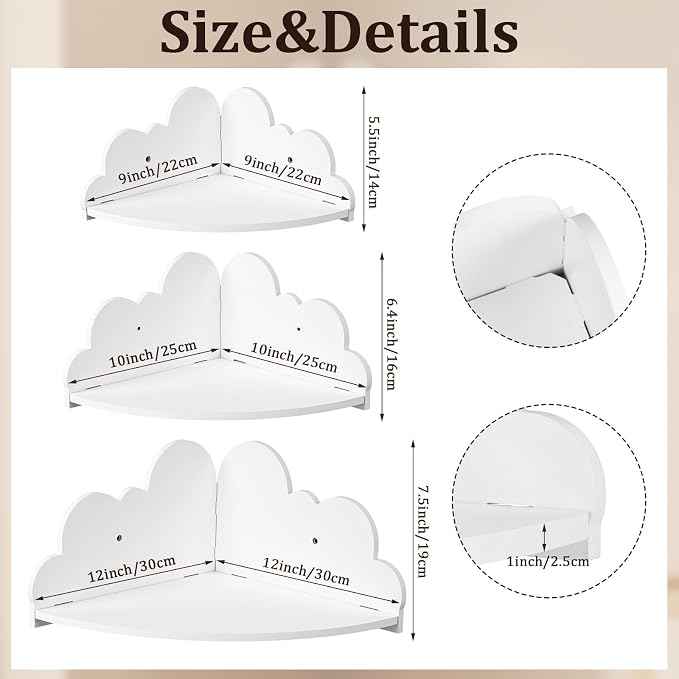 Novabright 3 Pack Cloud Floating Corner Shelves, 9/10/12 Inch Wall Mounted Corner Shelves for Room & Nursery Decor, Cute Cloud Display Shelf for Storage, Plants, Books & Small Decor