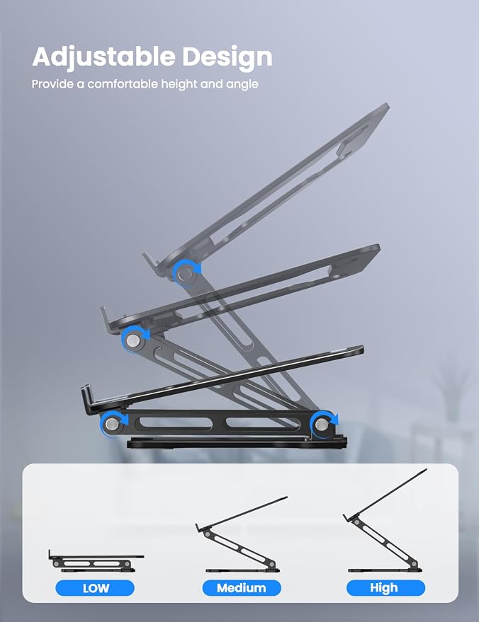 LOXP Adjustable Laptop Stand for Desk, Portable Airflow Laptop Riser Holder | Metal, Foldable, Ergonomic, Computer Notebook Stand Perfect for Home Desk, Office, Coffee Shops, Travel, 10-15.6" Laptops