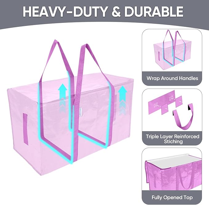 TICONN 2 Pack Extra Large Moving Bags Heavy Duty with Zippers & Carrying Handles, Durable Storage Bags Moving Boxes for Closet Organizers and Storage (2 Pack, Pink)