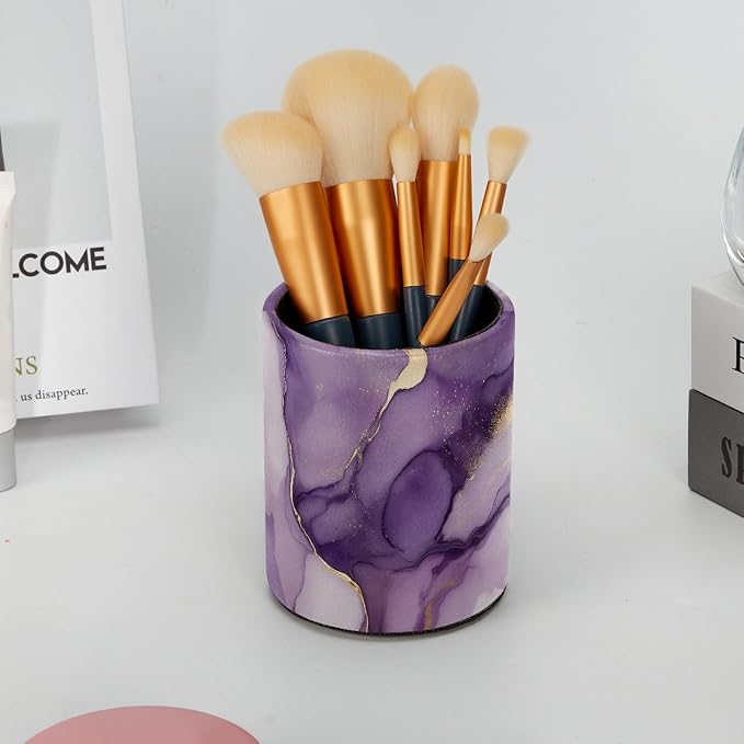 Faux Leather Pen Holder for Desk, Pencil Organizer Purple Marble Pen Cup Desk Decor Makeup Brush Holder Storage for Office Home