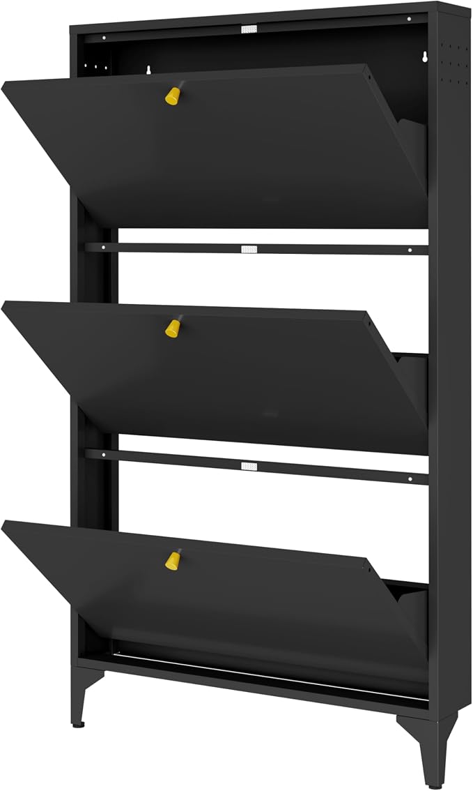 Shoe Cabinet with 3 Flip Drawers-Metal Narrow Shoe Rack for Entryway,Hallway,Living Room-Hidden Metal Shoe Cabinet-Freestanding Shoe (3 Door, Black)