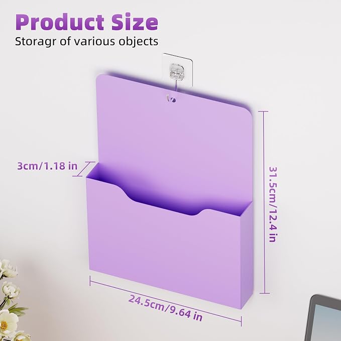 Marbrasse 2 Pack Magnetic File Holder - Paper Holder, Pocket Organizer,Hanging Wall File Organizer Office Supplies Storage, Magazine Mail Organizer Case for Notebooks,Planners,Letter (Purple)