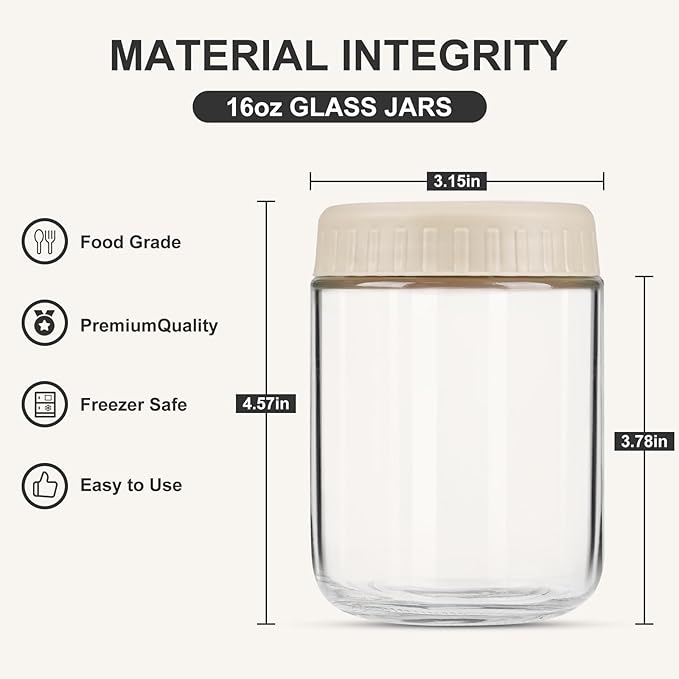 SHOWIN Overnight Oats Containers with Lids, 16oz Glass Jars with Lids 4 pcs, Apricot, Wide Mouth Mason jars for Salad, Yogurt, Snacks, Meal Prep