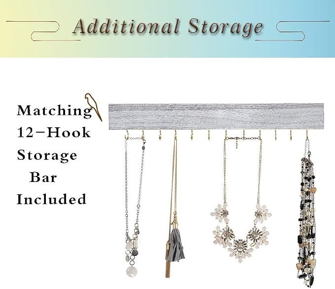 GLANT Rustic Wall Mounted Jewelry Organizer with Wooden Barndoor Decor,Wooden Wall Mount Holder,Jewelry holder for Necklaces, Earings, Bracelets, Ring Holder. Includes matching hook organizer