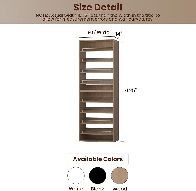 ROOMTEC Modular Closet System, 19.5" Shoe Shelf Closet Tower Wall-Mounted Closet Organizer, Wooden Tower for Walk-In Closets, Wardrobe Storage Kit, Wood