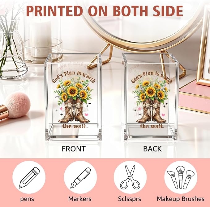 God's Plan Is Worth The Wait Funny Christian Acrylic Pen Holder Cup | Inspirational Gifts for Women Coworker Teacher, Farmhouse Sunflower Boots Desk Organizer, Bible Verses Makeup Brush Organizer