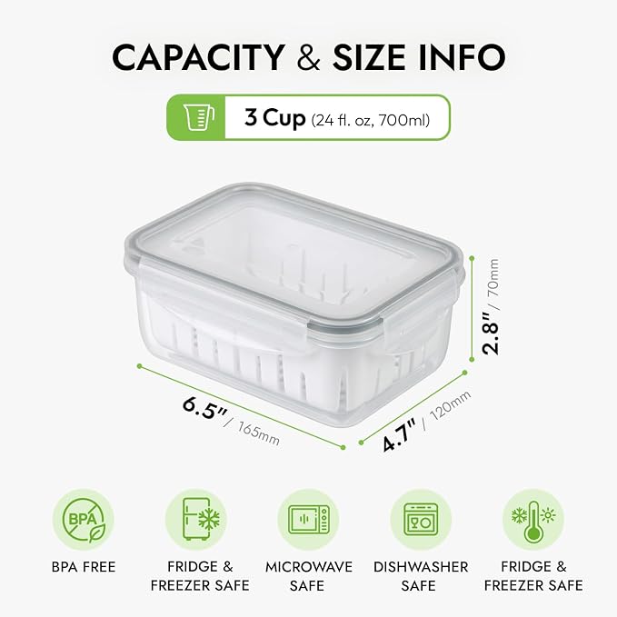 carrotez 3.0 Cup Produce Saver Container for Fridge with Colander - 700ml | Airtight Fruit & Vegetable Storage Bin, Removable Strainer Basket, BPA-Free, Stackable, White Colander