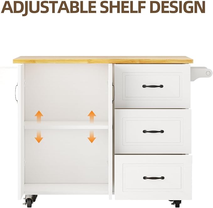 4 EVER WINNER 43" Modern Farmhouse Kitchen Island Cart with Drop Leaf, 3 Drawers, Adjustable Shelf, Spice Rack & Towel Rack, Rolling Kitchen Island for Small Kitchen & Dining Room, White