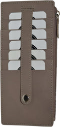 Leatherboss Genuine Leather Women's All in One Credit Business Card Case Holder Slim Zipper Wallet With a Card Protection Strap, Light Brown