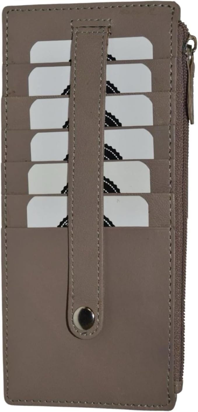 Leatherboss Genuine Leather Women's All in One Credit Business Card Case Holder Slim Zipper Wallet With a Card Protection Strap, Light Brown