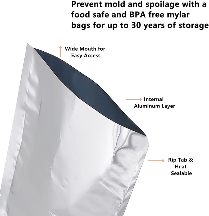 Heat Sealable Mylar Food Storage Bag,ULIFESTAR 5.5Mil Thicker Food Storage Pouches Oxygen Absorbers Vacuum Seal Airtight Packaging for Coffee Beans, Tea, Grains, etc(20 * 30cm/7.87 * 11.81'')