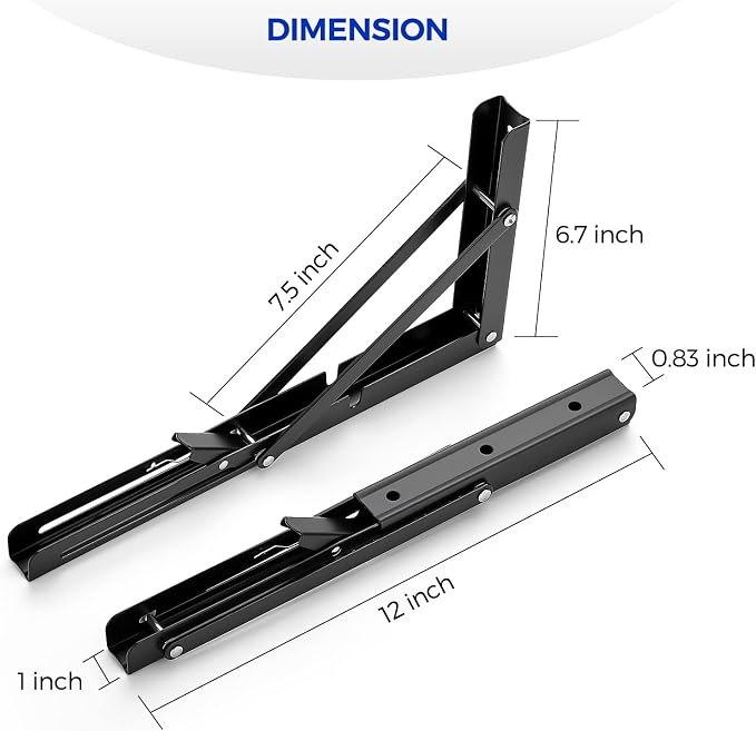 Ravinte Matte Black Folding Shelf Brackets, 12 Inch, 4 Pack | Collapsible Bracket Design, Table And Bench Support, Space-Saving Shelf Setup, For Worktops, Laundry Rooms, Garage Projects