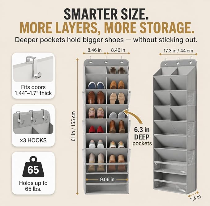 HOMELUX THEORY 8 Tier Hanging Shoe Organizer for Closet, Over the Door Shoe Organizer with Deep 120D Extra Thick Pockets, Shoe Rack for Closet & Entryway, with 6 Side Pockets for Boots (Light Gray)