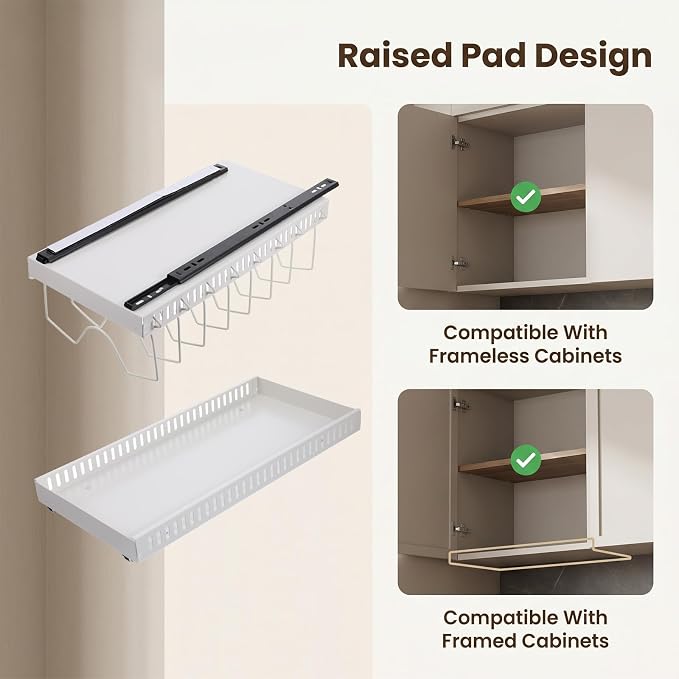 2 Pack Pull Out Pots And Pans Organizer Under Cabinet, Sliding Lid | Holder and Pan Rack, Slide Out Inside Cabinet Storage for Pot Lid Bakeware Dishes, 8 Adjustable Dividers, White