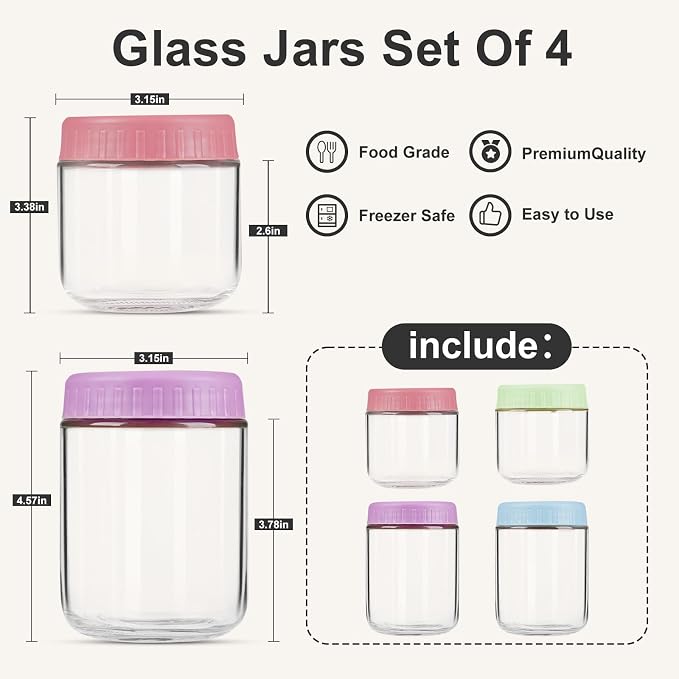 SHOWIN Overnight Oats Containers with Lids, Glass Jars with Lids 4 pcs, Candy, Wide Mouth Mason jars for Salad, Yogurt, Snacks, Meal Prep
