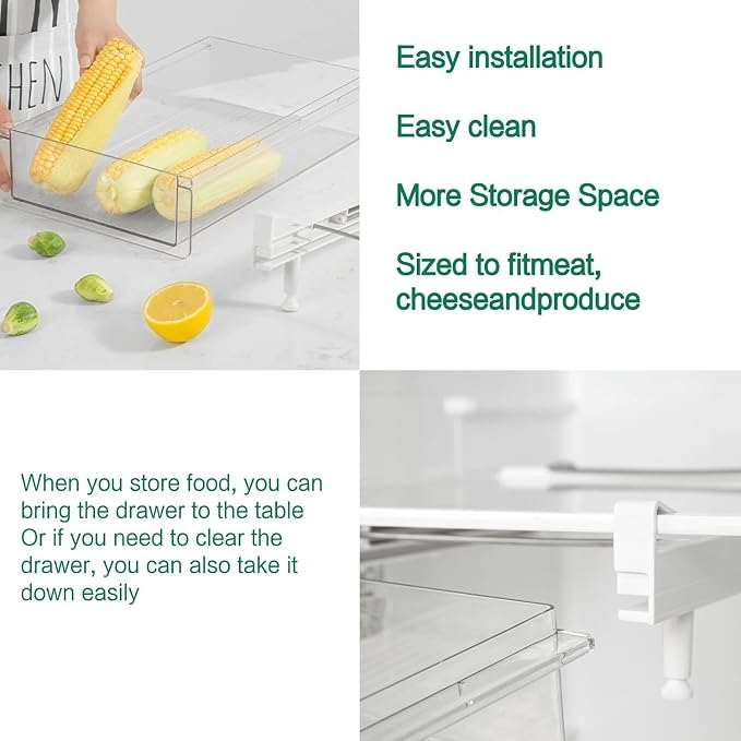Clear Fridge Organizer Drawer - Plastic Refrigerator Deli Storage Bin for Fruits, Vegetables, Meat & Cheese, Pull-Out Design-M
